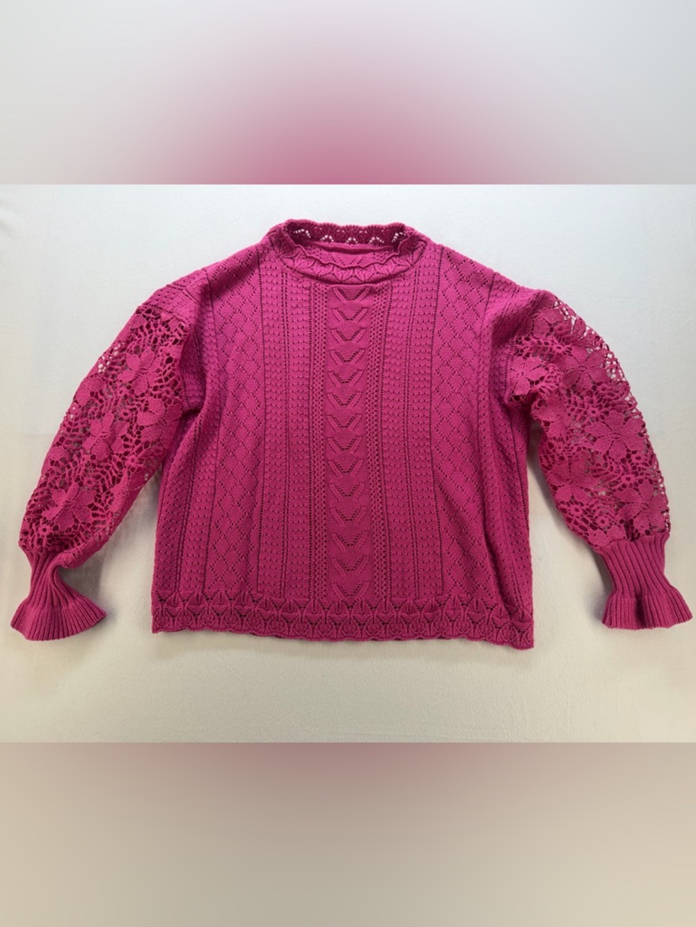 Fuchsia Crochet Lace Sleeve Knit Sweater